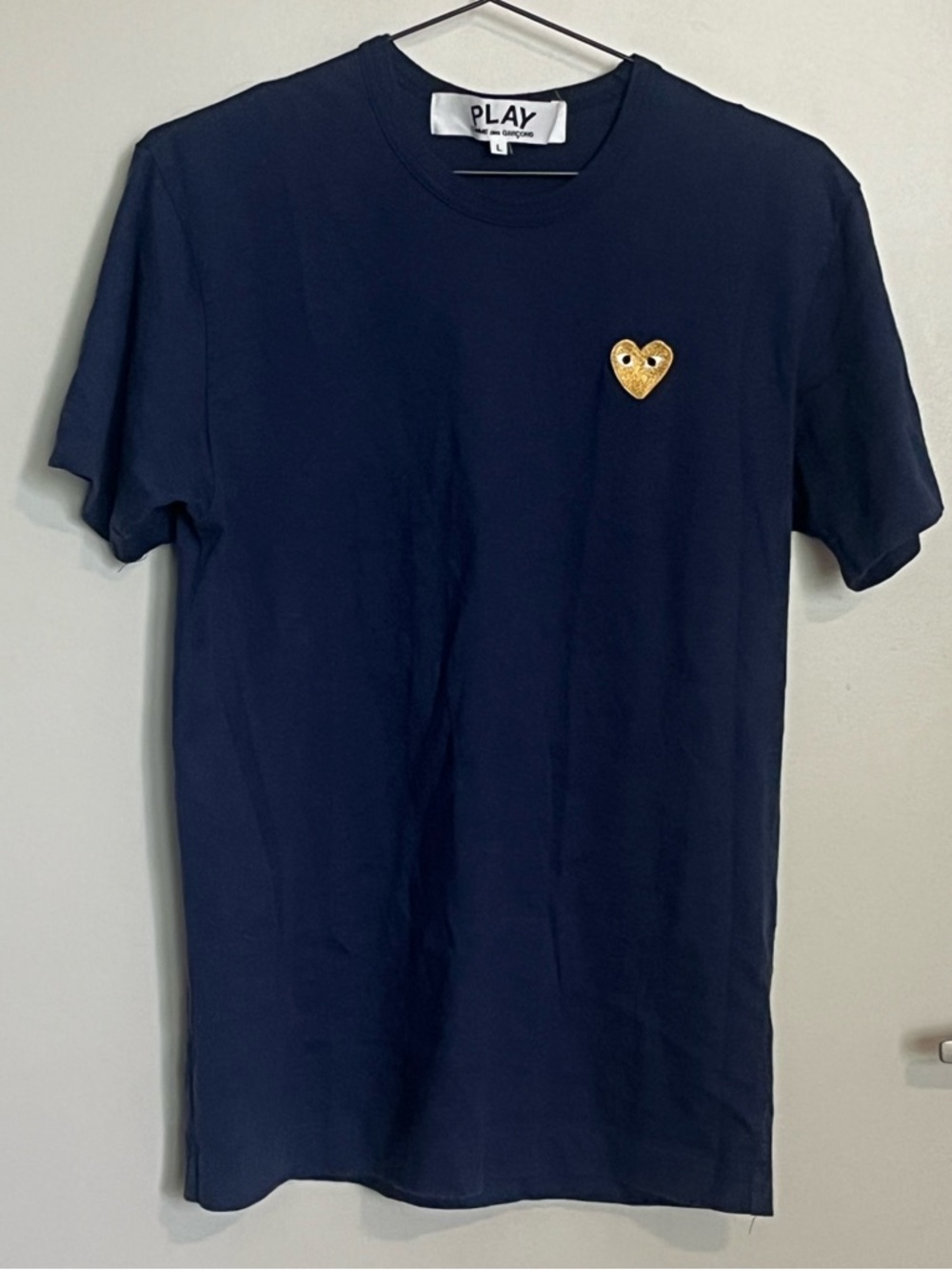 Comme des Garçons Play Navy Short-Sleeve Unisex Gold Emblem Tee Sz L